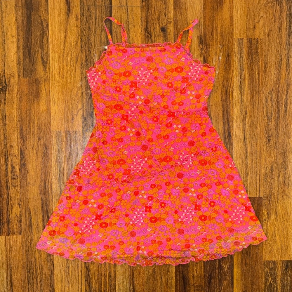 Wild Fable Pink Floral Mesh Mini Dress Medium Y2K Retro Lettuce Edge Trim